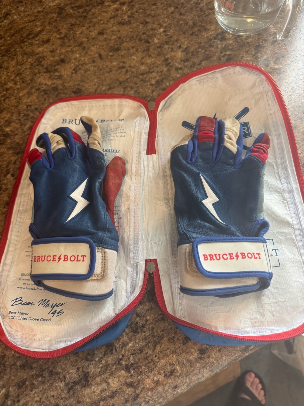 Bruce Bolt Blue Leather Batting Gloves with Red and White Accents